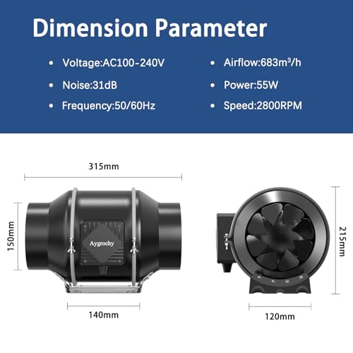 Aygrochy 150mm Air Extractor 688m³/h with Variable Speed Controller, for Heating, Cooling, Booster, Grow Tents, Hydroponics Ventilation and Exhaust Fan