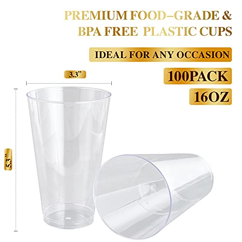 100 Pack 16 oz Clear Plastic Cups, FOCUSLINE Disposable Cups Large