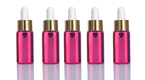 10 Pink Sets Assorted 5ml UV Coated Glass Dropper Bottles Grand Parfums Refillable Medicine Dropper Bottles with Gold Caps and White Bulb Glass Pipette for Essential Oil, Serums,