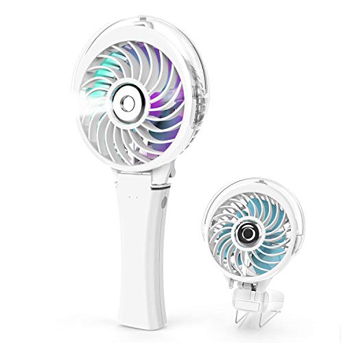 HandFan Handheld Misting Fan Mini Portable Fan Battery Operated Personal Rechargeable Fan Foldable with Colorful LED Nightlights, Water Mister, Outdoor Cooling Fan for Party Travelling Indoor (White)