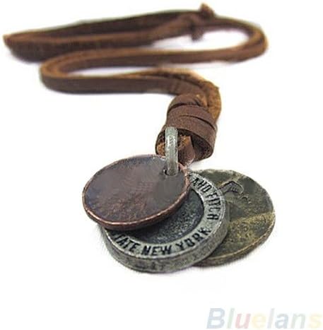 Viewred Fashion Men's Unisex Charm Choker 3 Coins Pendant Genuine Leather Necklace