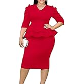 ONTINVA Women V-Neck Plus Size Peplum Dress Church Wear to Work Bodycon Short Sleeve Midi Dresses Valentine Outfits