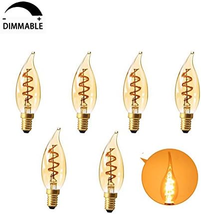 E12 Edison Flexible LED Filament Bulb,C32 (Flame Tip Shape) Vintage Spiral Lamp,Super Warm White 2200K,150 Lumen 3W Equivalent 25W Amber ,Dimmable,CRI>90 -6Pack