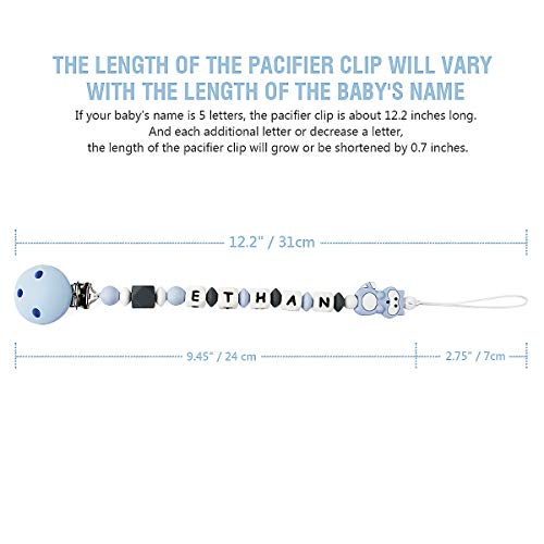 Pacifier Clip Personalized Name with Raccoon Teether, MCGMITT Customized Binky Holder Teething Silicone Beads for Baby Girls Boys (Blue)