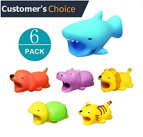 Pack 6 - iPhone Accessories Animal Bite Cable Protector, Cord Charger Protector, Cable Chompers, Shark Hippo Lion Tiger Dog Turtle Cable Saver ONLY for iPhone iPad Data Line by AnnyStore