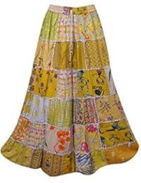 Women's Maxi Skirt Vintage Yellow Patchwork Rayon Ethnic Wear S/M