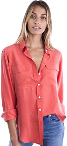 CAMIXA Women's 100% Pure Washed Silk Casual Button-Down Shirt Simple Luxury Must XXL Coral