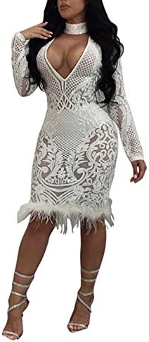 PJTOP Ladies Sexy Sequin Mesh Long Sleeve Bodycon Mini Club Party Dress White S