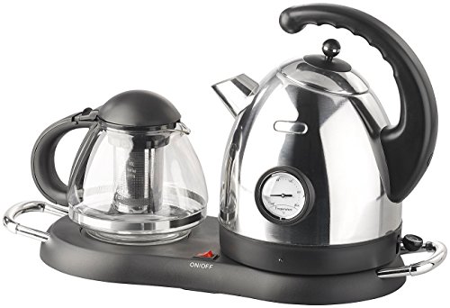 Rosenstein & Söhne Teekanne elektrisch: Edelstahl-Wasserkocher WSK-300.set mit Teekanne (Teestation mit Wasserkocher, Kanne, Warmhalteplatte) – Bild 8