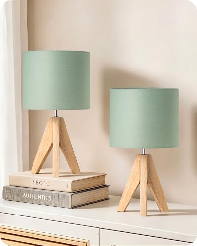 EDISHINE LED Table Lamp, Linen Shade and Wooden Base, Set of 2 Modern Table Lamp, Warm White Light 2700K, E27 Table Lamp for Bedroom and Living Room, 4W LED Bulb Included