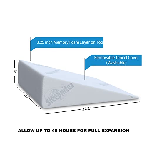 Sleepnitez 8" Bed Wedge Pillow for Acid Reflux, Luxurious 3.25" Memory