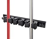 Broom & Mop Kitchen Garage Closet Tool Holder Storage System Black Aluminum Alloy Wall Mounted Rack 3 Rubber Grip Modular Adjustable (3 Grips, 4 Hooks)