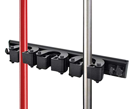 Broom & Mop Kitchen Garage Closet Tool Holder Storage System Black Aluminum Alloy Wall Mounted Rack 3 Rubber Grip Modular Adjustable (3 Grips, 4 Hooks)