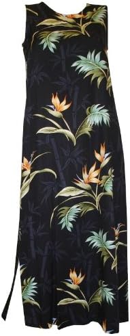 Long Tank Dress - Bamboo Paradise A Line Keyhole Back Hawaiian Aloha Side Slits Pullover Herringbone Rayon Dress in Black - XL
