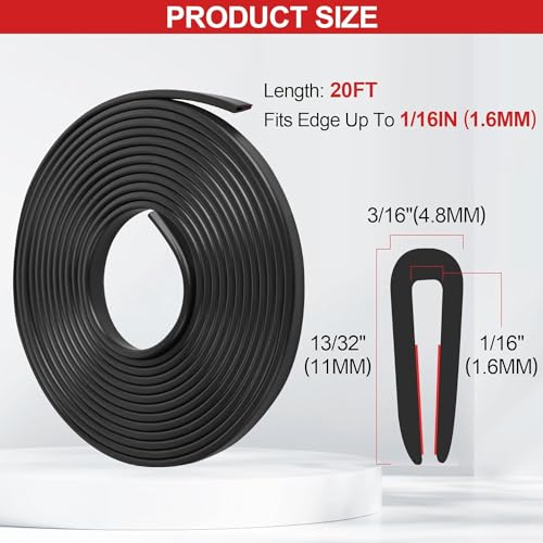 Beynant Rubber Edge Trim U Channel, Self Adhesive Sheet Metal Edge Guard Protector, Seal Strip for Car Doors, Steel Plates, Glass, Hatches, Table Corners, Fit 1/16"(1.6mm), 20Ft Length, Black