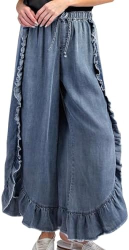 ebossy Womens Ruffle Wide Leg Denim Pants Elastic High Waisted
