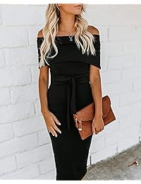 Yacooh Vestido de punto con hombros descubiertos, para mujer, con cinturón