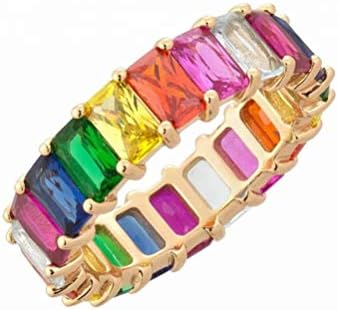 JULAN Women's Rainbow Square Baguette Engagement Ring Colorful Cubic Zirconia cz Eternity Band Ring