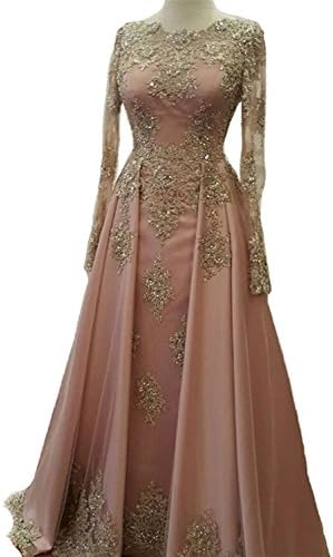 FIGHOUOR 2018 Beaded Gold Pink Prom Dresses With Lace Long Sleeves Muslim Evening Gowns
