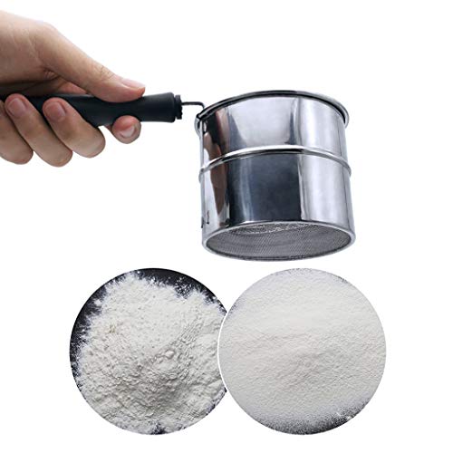 WONdere New Stainless Steel Cup Flour Sifter Baking Stainless Steel Shaker Sieve Cup Mesh Crank Flour Sifter with Measuring Scale Mark for Flour Icing Sugar