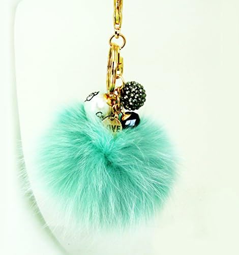Rhinestone Globe and Love Charm Aqua Pom Pom Key Chain / Purse Charm