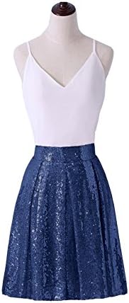 Irenwedding Women's Princess Zipper Colored Sequins Pleated Midi Flared Short Cocktail Skirts Navy Blue L