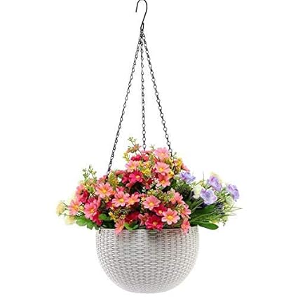 Minakshi Enterprises Hanging Planter Round Decor Garden Rattan Plastic Flower Pot Basket for Plant, White (Set of 1)
