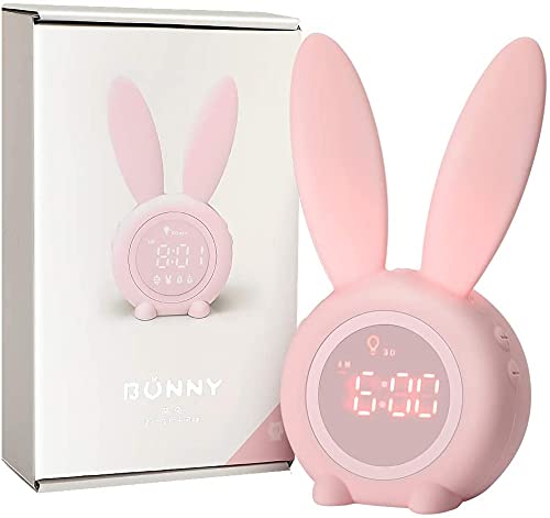 YONGYAO Kids Alarm Clock Digital, Girls and Boys Bunny Clock Bedside, Rechargeable Sleep Training with Snooze Function, Wake Up Light, Night Light, 6 alarm tone and volume adjustable, pink