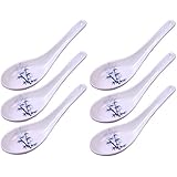 Happy Sales Melamine Soba, Rice Spoons, Asian Chinese Won Ton Soup Spoon, 6 Pack Blue Bamboo Design