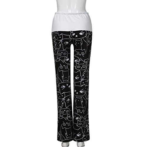 Minisoya Women Cat Printed Drawstring Casual Loose Lounge Yoga Pants Leggings Sweatpants Palazzo Wide Leg Trousers (Black, S) - Thumbnail 5