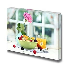 Canvas Prints Wall Art - Tasty Oatmeal with Berries and Glass of Guice on Table, on Window Background - 12" x 18"