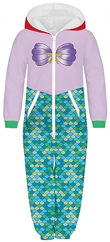 Ocean Plus Unisex Langarm Reißverschluss Kapuze Fleece Overall Jungen Digitaldruck Fleece Mädchen Einteiler Mit Kapuzen (Xl (Körpergröße: 155-160 Cm), Meerjungfrau)