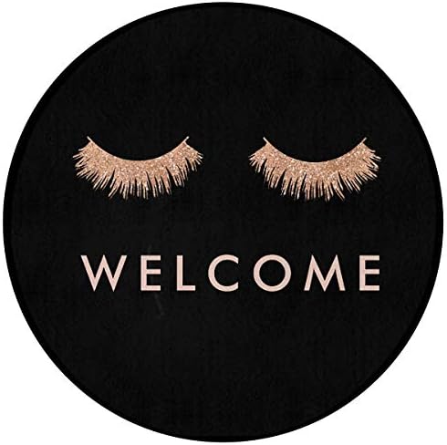 YING Stylish Black Rose Gold Eyelashes Welcome Comfortable Entrance Round Area Mat Doormat Non-Slip Backing Bedroom Floor Carpet Bathroom Kitchen Rug Soft Pet Pad Home Decor