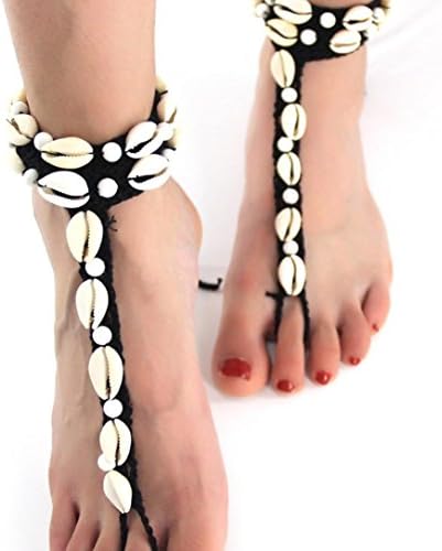 kaifongfu Women Weave Rope Shell Bead Anklet Sandal Anklet With Beads (Black)