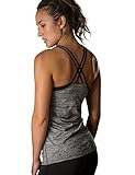 icyzone Women Workout Yoga Spaghetti Strap Racerback Tank Top with Built in Bra (L, Grey Melange)
