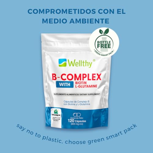 Wellthy Complejo B Cápsulas 120 porciones. Reforzado con Biotina y Glutamina. VCaps Cápsulas veganas, Bottle Free.