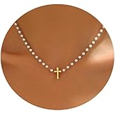 Nawflue Pearl Necklaces for Women, 18K Gold Plated Dainty Cross Necklace Gold Flower Pearls Beaded Choker Necklace, Trendy Stainless Steel Bridesmaid Wedding Jewelry, Christmas Gifts