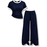 Voxikodex 7-14 Years Girls Sizes 2 Piece Casual Set Ruched Short Sleeve Fitted Waist-Cinched Top & Wide Leg Pants