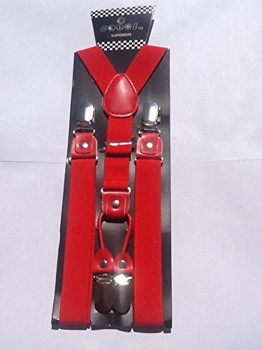 New Red Suspenders (Double Thick Durable Material, Leather Reinforced Clips)