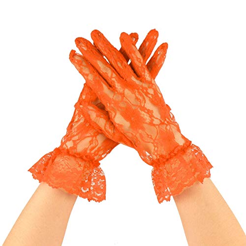 Fancy Floral Sheer Lace Tea Party Vintage Style Ruffle Wrist Dressy Gloves Orange - Thumbnail 4