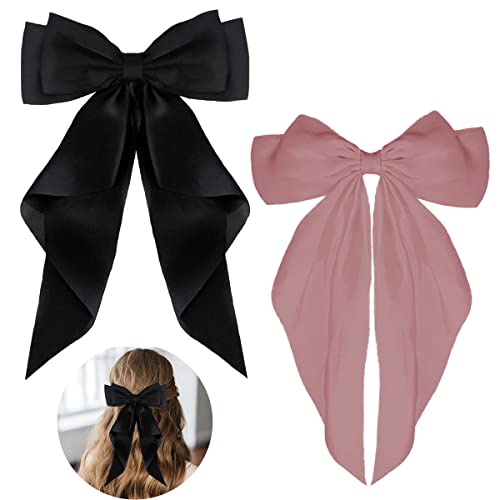 ZEVONDA Pack of 2 Big Bow Hair Clips - Solid Color Large Bowknot Hairpin Hair Clip with Long Silky Satin Tail Hair Barrettes Accessories for Girls Women, Black + Pink