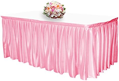 JINSEY 14 ft Shimmer Polyester Table Skirt for Rectangle Tables Ruffle Table Cloth for Wedding, Party, Hotel (14ft x 30 inch, Pink)
