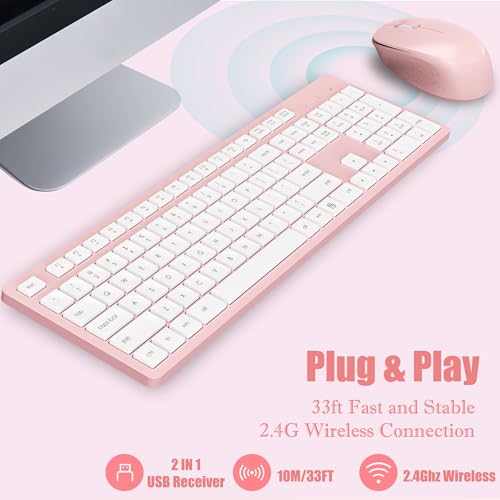 LeadsaiL Wireless Keyboard and Mouse Combo, Full-Sized Ergonomic Computer Keyboard, 2.4GHz Cordless Keyboard Silent Mouse Set with 2-in-1 USB Receiver, 12 FN Shortcuts for Windows Laptop, PC/Mac-Pink