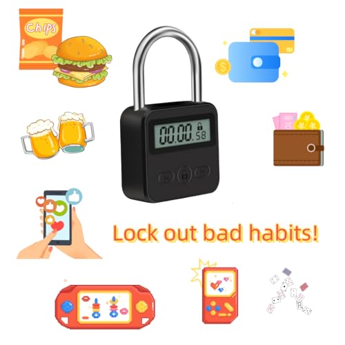Enajucy Metal Timer Lock - Electronic Time Padlock with LCD Display - USB Rechargeable (Black)