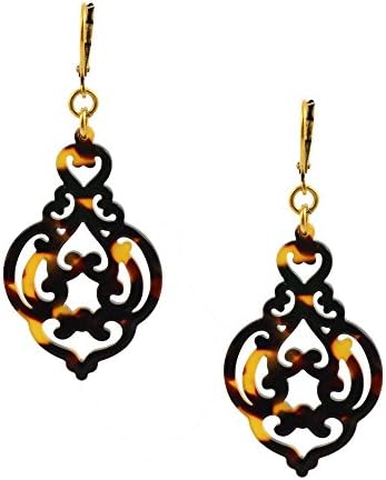 Lorren Bell Tokyo False Tortoise Shell Baroque Filigree Dangle Earrings, Antique Goldtone