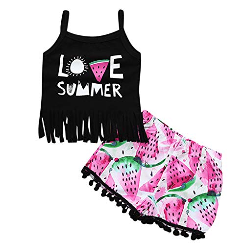 Sunhusing Summer Children's Sleeveless Love Heart Watermelon Letter Print Tassel Camisole + Shorts Set Black