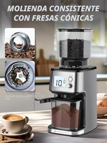 Homtone Electric Coffee Grinder with Conical Grinder – Coffee Mill with 51 Grinding Levels, Removable Holder, Container Included – for Espresso, Filter Coffee, Cold Brew (Acciaio Inox)