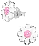 Sterling Silver Hypoallergenic Pink &amp; White Glitter Flower Stud Earrings for Girls (Nickel Free)