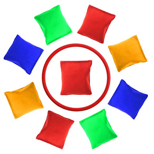 Jyongmer 16 Pieces Nylon Bean Bags Plastic Rings Game Set for Carnival Outdoor Games Garden Backyard Games Kids Ring Toss Game Party Games Supplies
