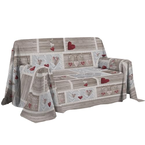 PENSIERI DELICATI Telo Copridivano 180 x 290 cm Made in Italy, Telo Copritutto 100% Cotone Puro, Fantasia Shabby in Love Rosso, Ideale come Telo Arredo, Salvadivano o Copriletto Estivo (1 Piazza)